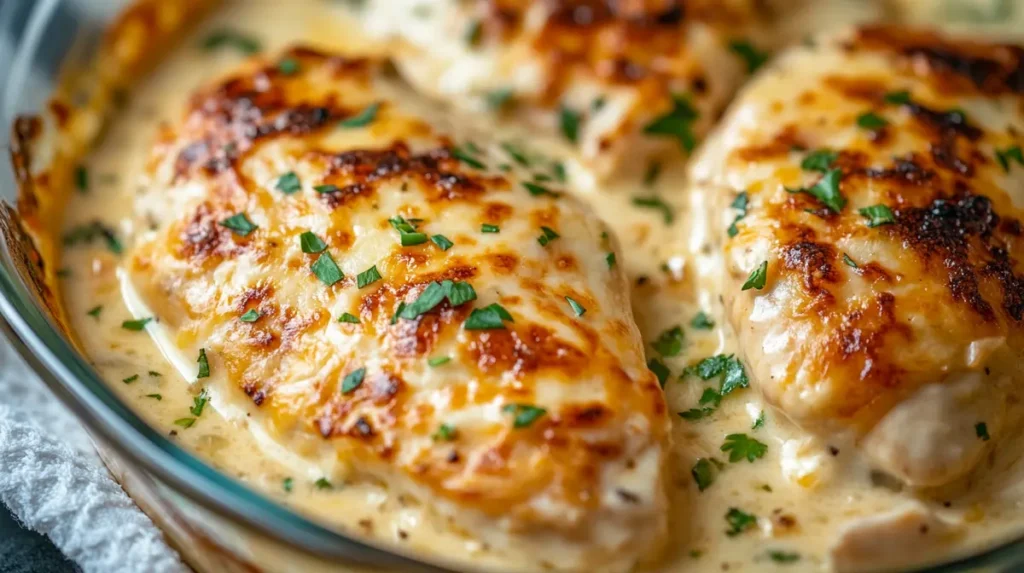 Baked chicken delight topped with melted cheese and parsley in a glass baking dish