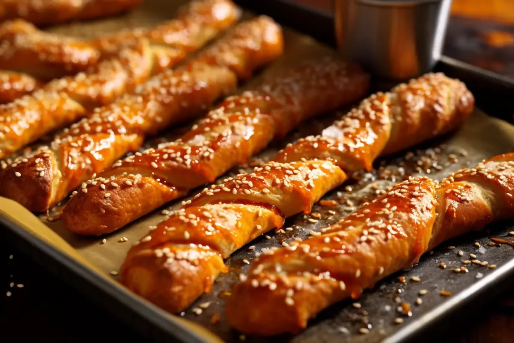 Several freshly baked pretzel sticks coated in sesame seeds and a sweet glaze rest on a baking sheet.