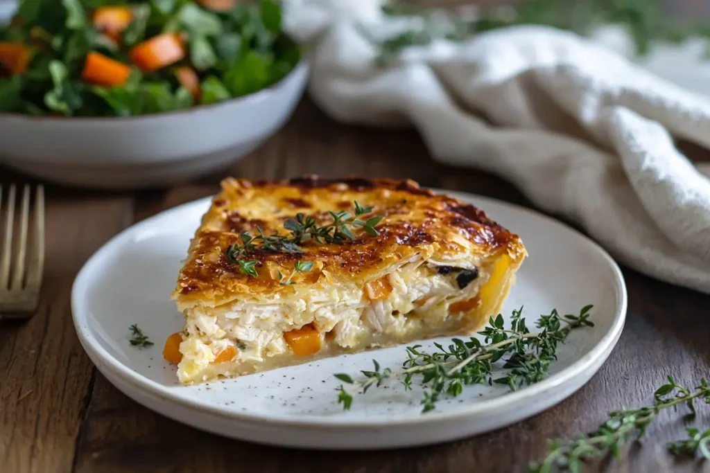 A slice of chicken pot pie served with fresh thyme