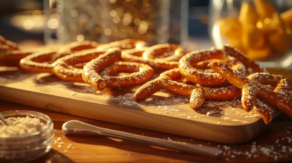 Golden-brown pretzel sticks with coarse sea salt on a wooden cutting board.