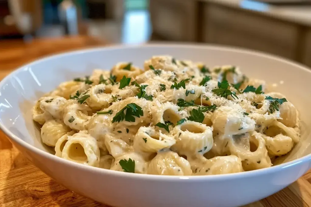 Wheel pasta served with creamy Alfredo sauce, topped with parsley and Parmesan shavings in a home kitchen setting.