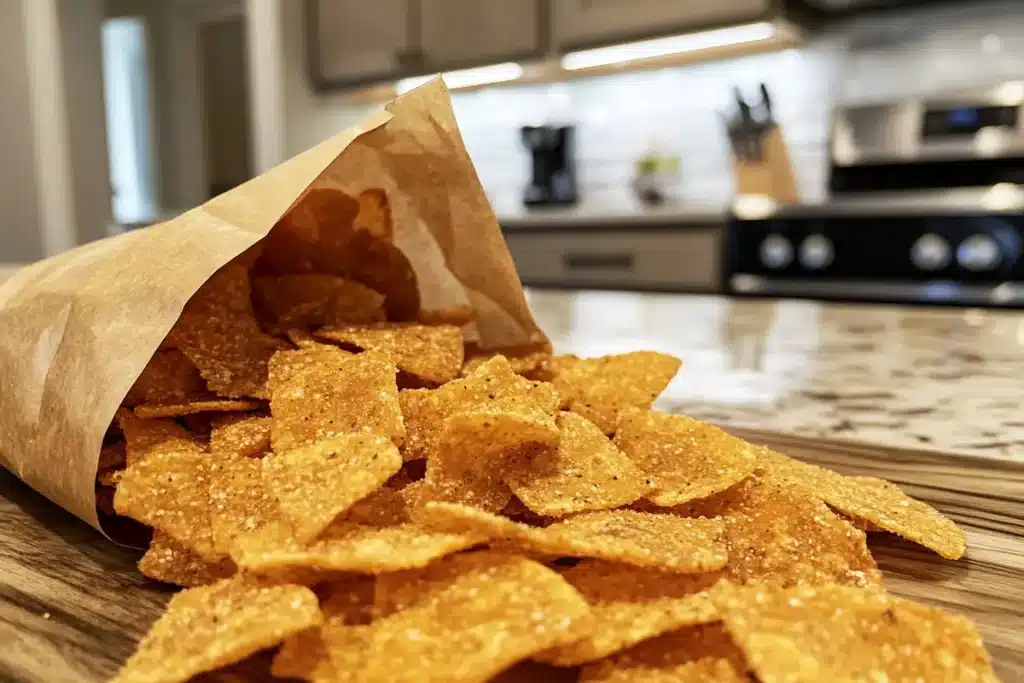 Turtle Chips spread on a wooden countertop