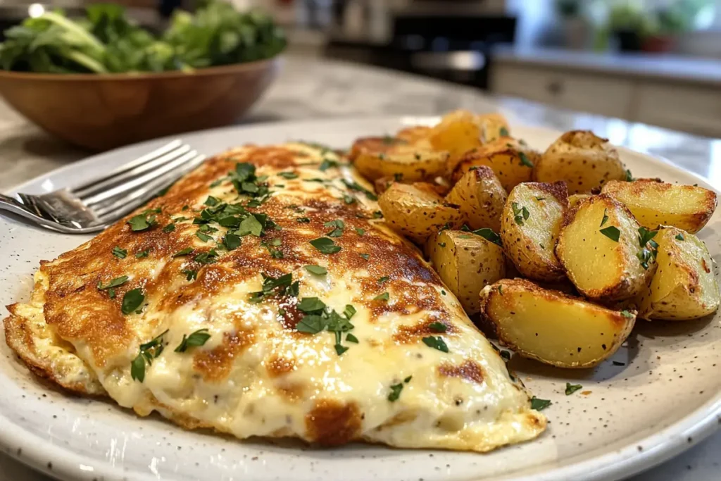 A golden brown Denver omelette topped with melted cheese and fresh parsley, served with crispy potatoes on a rustic white plate, photographed in a modern kitchen setting.