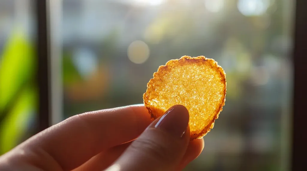 Close-up of a single Turtle Chip highlighting its four-layered texture