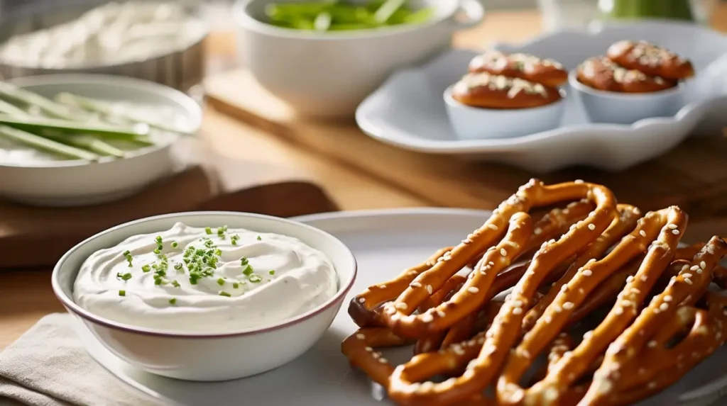 Gluten-free pretzel sticks with dipping sauce and flour ingredients.