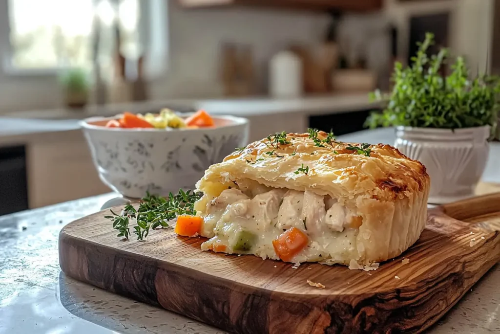 Freshly baked chicken pot pie with Pillsbury crust on a wooden board