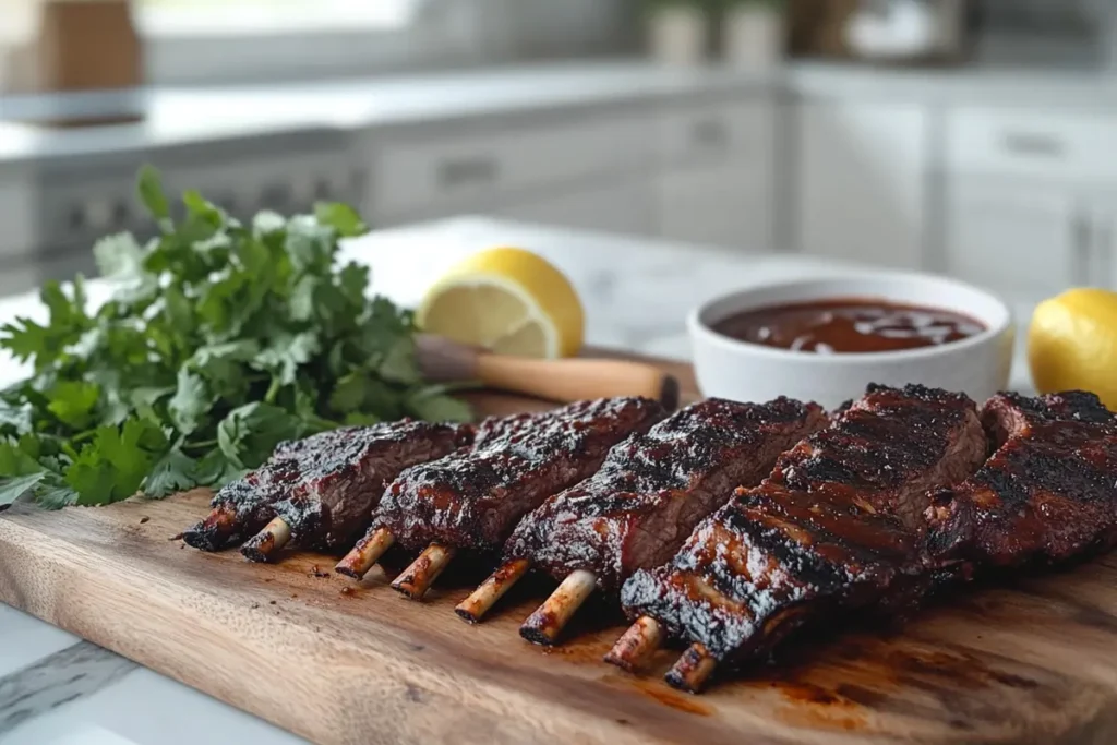 Close-up of grilled beef ribs resting on a wooden board in a modern kitchen.