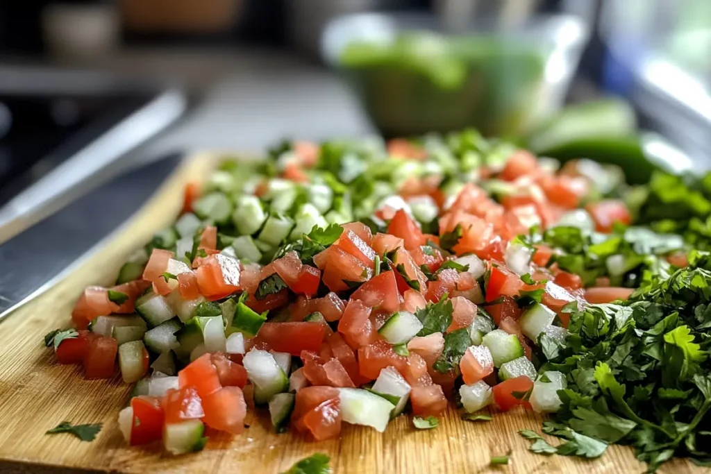 Chopped dill pickles, onions, and cilantro for pickle de gallo