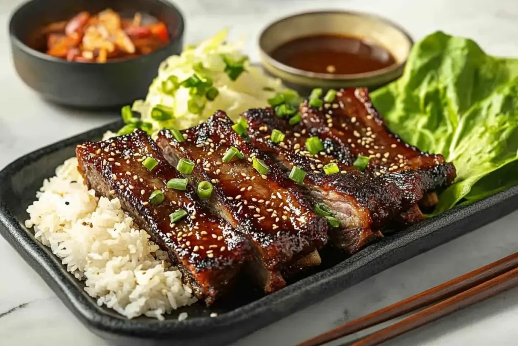 Korean short ribs (galbi) served with rice and side dishes in a Korean BBQ spread.