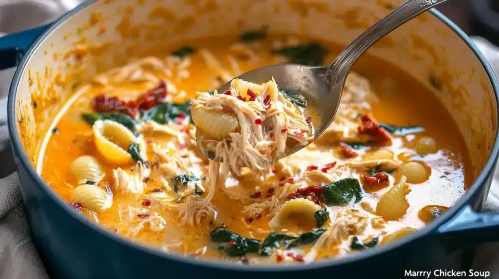 A delicious pot of creamy Marry Me Chicken Soup with shredded chicken, pasta shells, sun-dried tomatoes, and spinach, topped with parmesan cheese and red pepper flakes.