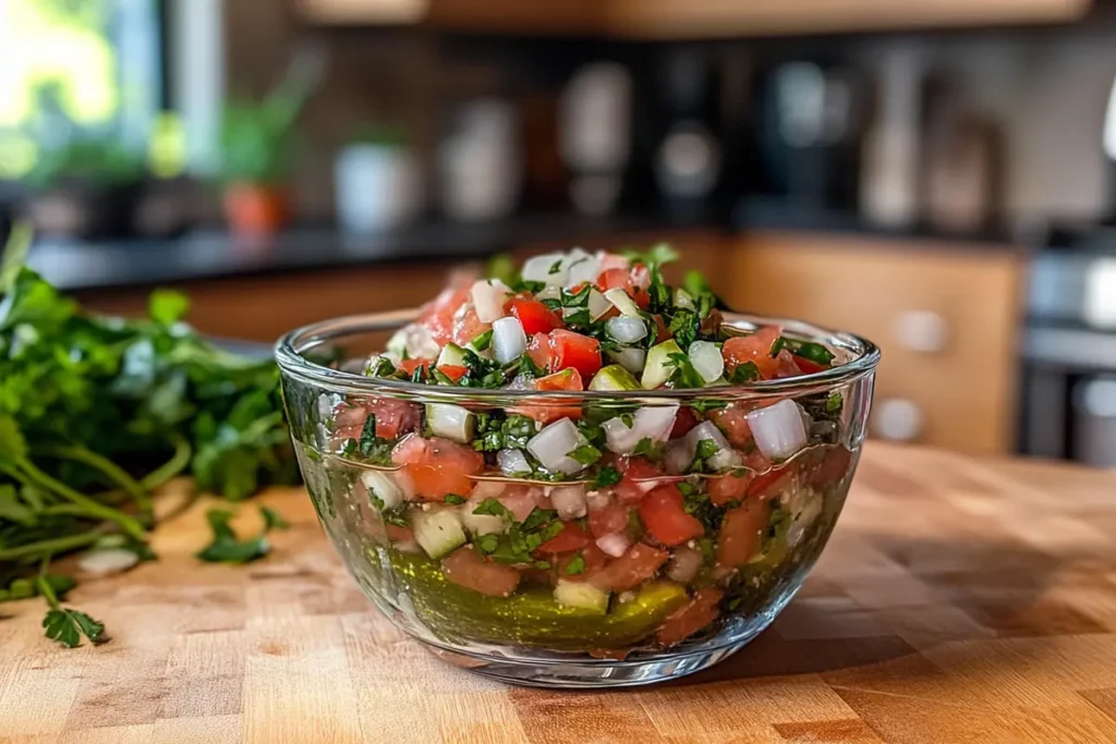 Fresh pickle de gallo in a glass bowl on a rustic counter.