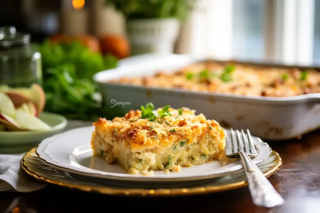 A plated serving of Ritz Chicken Casserole with garnish