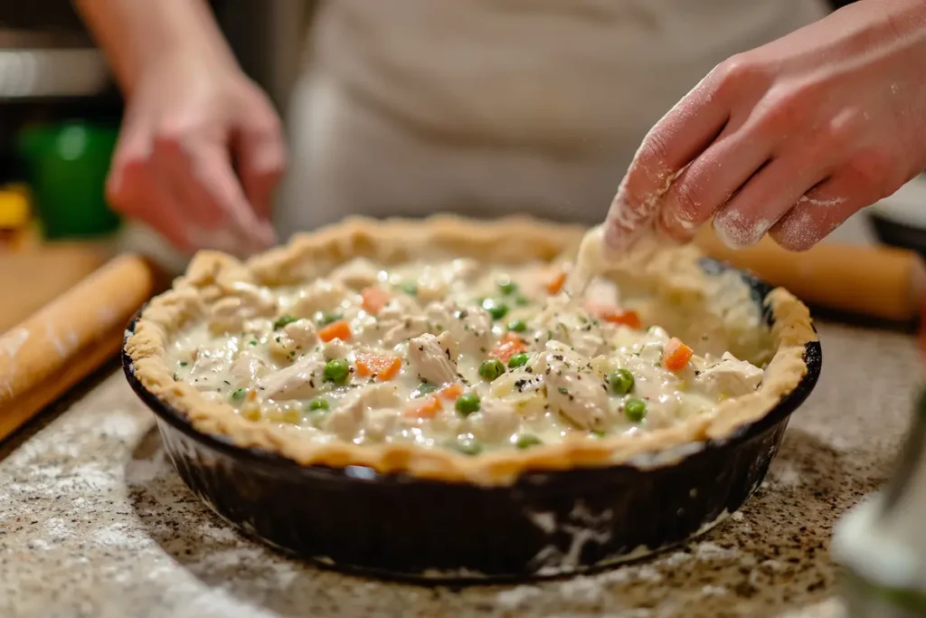 Hands crimping the edges of a Pillsbury pie crust