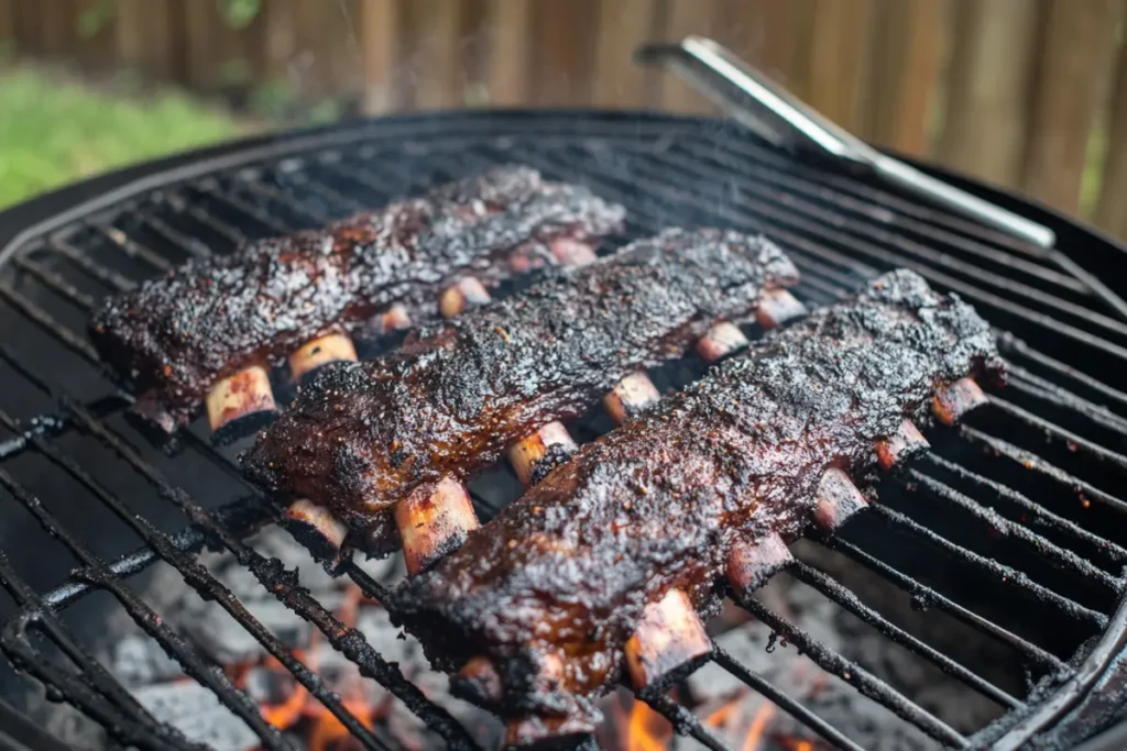 Beef ribs smoking on a grill with rising smoke and glowing coals.