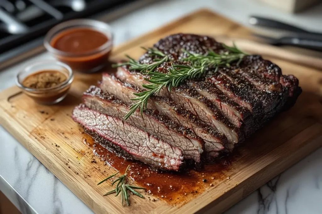 Sliced smoked brisket on a wooden board with seasoning bowls.