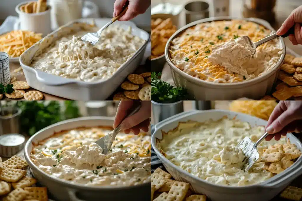 Spreading creamy chicken mixture in a casserole dish