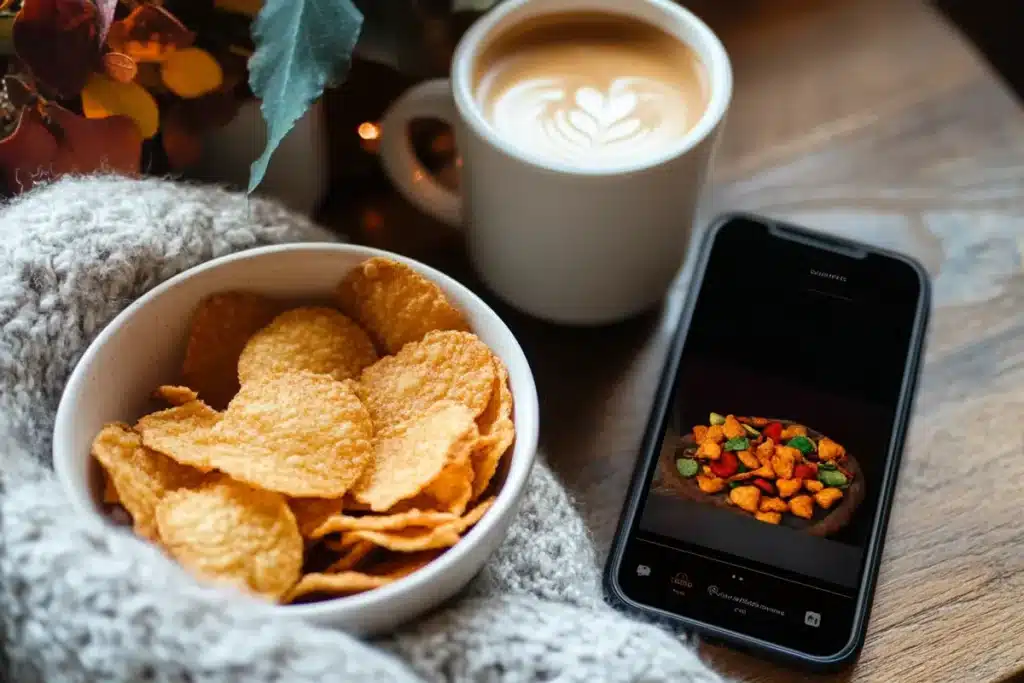 Flat-lay of Turtle Chips with a coffee and a phone showing social media