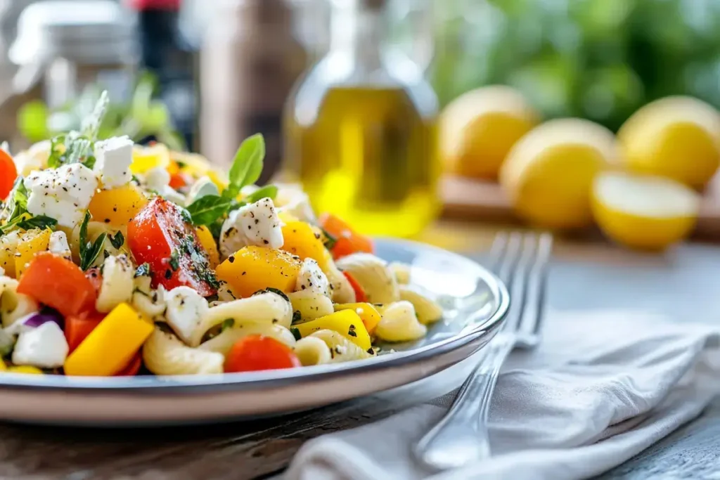 Pasta salad with wheel pasta, tri-colored vegetables, feta cheese, and vinaigrette, served in a rustic kitchen setting.