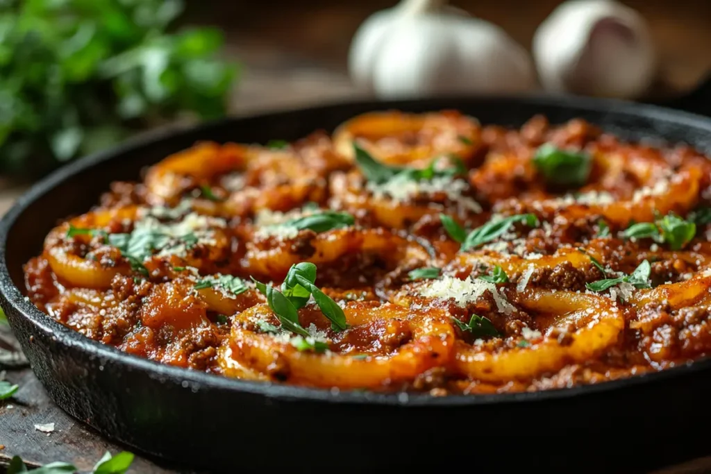 Wheel pasta in rich tomato meat sauce, topped with fresh basil and Parmesan, served in a cast-iron pan on a rustic wooden table.