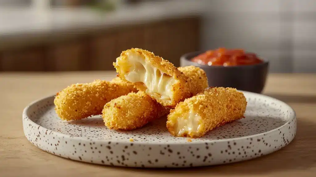 Baked mozzarella cheese sticks, golden and crispy, served on a white plate with marinara sauce