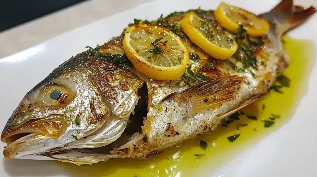 Delicious Baked Whole Bream Fish with Lemon and Herbs on White Plate