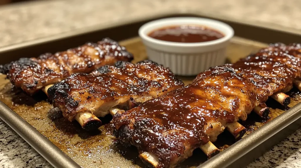 Juicy costillas coated in BBQ sauce, arranged on a baking tray with a rich caramelized glaze and tender meat.