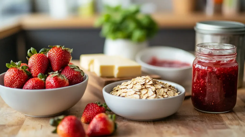 Fresh ingredients for strawberry bars, including fresh strawberries, golden oats, butter, brown sugar, and strawberry jam, displayed on a wooden countertop.
