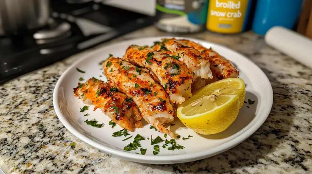 Can you broil snow crab legs? Close-up of perfectly broiled snow crab legs on a plate with lemon wedges