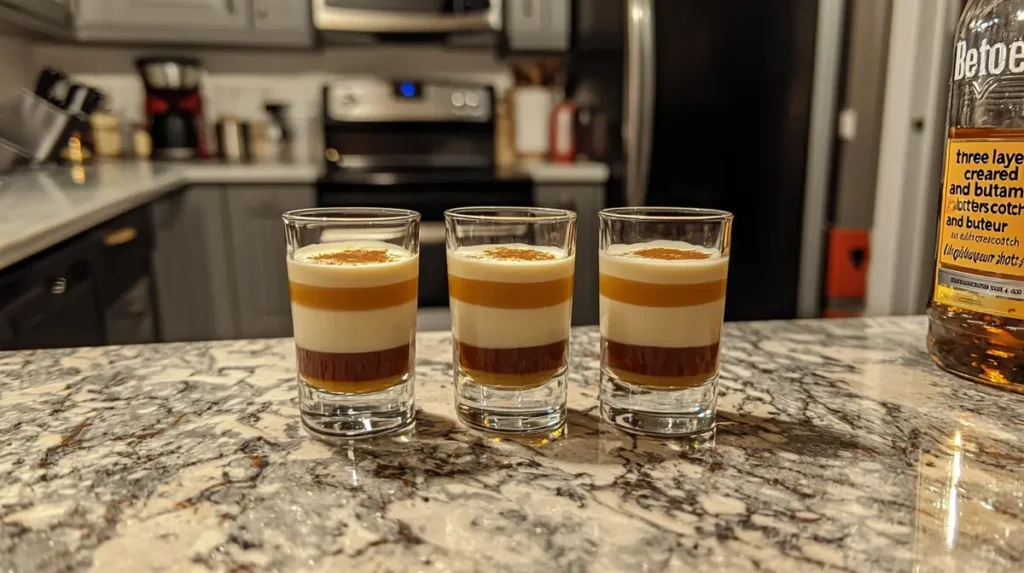 Three layered buttery nipple shots lined up in a row.