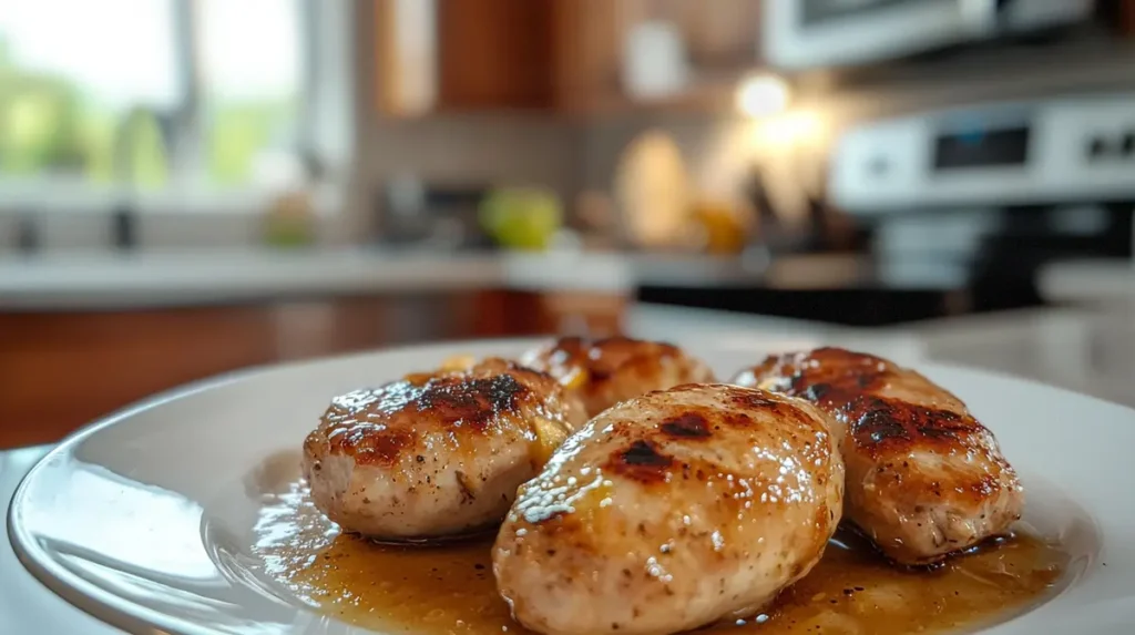 Delicious chicken apple sausage served on a white plate in a cozy kitchen, featuring a savory and slightly glazed finish.