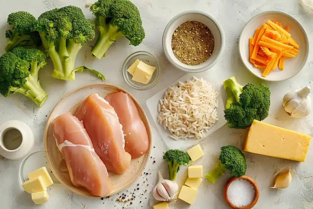 Fresh ingredients for chicken broccoli rice casserole arranged neatly on a kitchen countertop, including broccoli florets, chicken pieces, rice, cheese, and seasonings