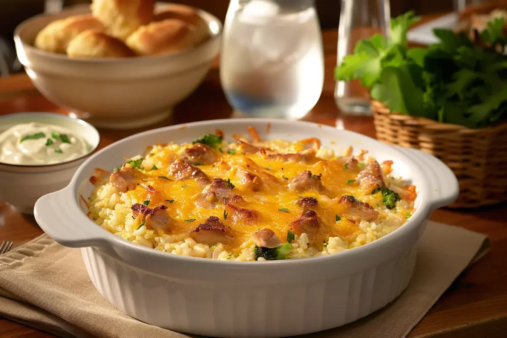 Freshly baked chicken broccoli rice casserole in a white dish with golden topping