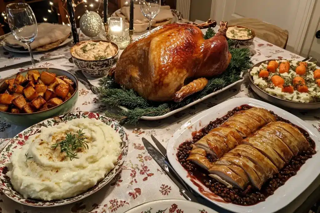 A beautifully set Christmas dinner table featuring a golden roasted turkey, glazed ham, vegetarian Wellington, mashed potatoes, roasted vegetables, and cranberry sauce. The table is decorated with holiday-themed linens, candles, and garlands.