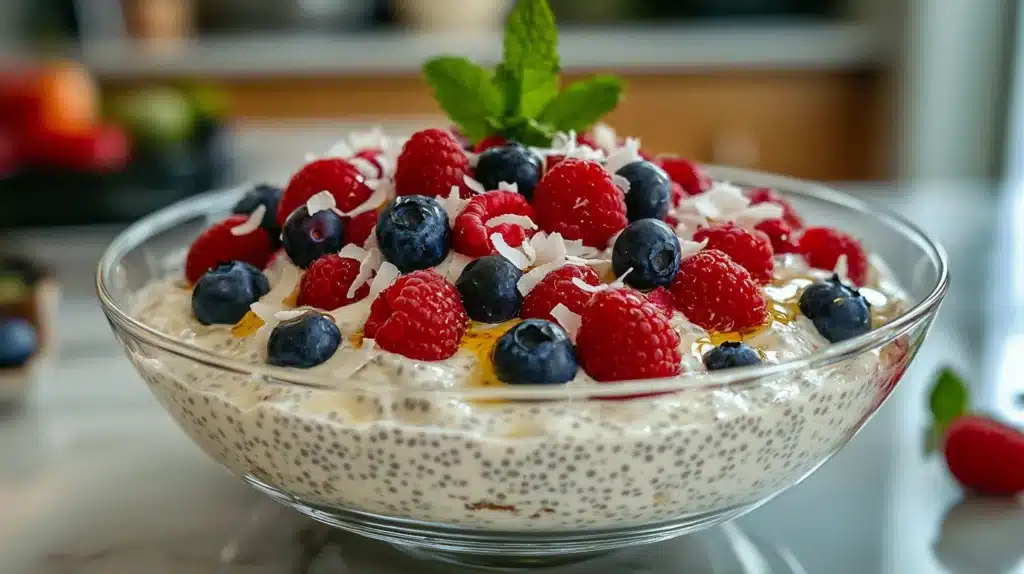 A glass bowl contains chia seed pudding topped with fresh raspberries, blueberries, shredded coconut, and a drizzle of honey.