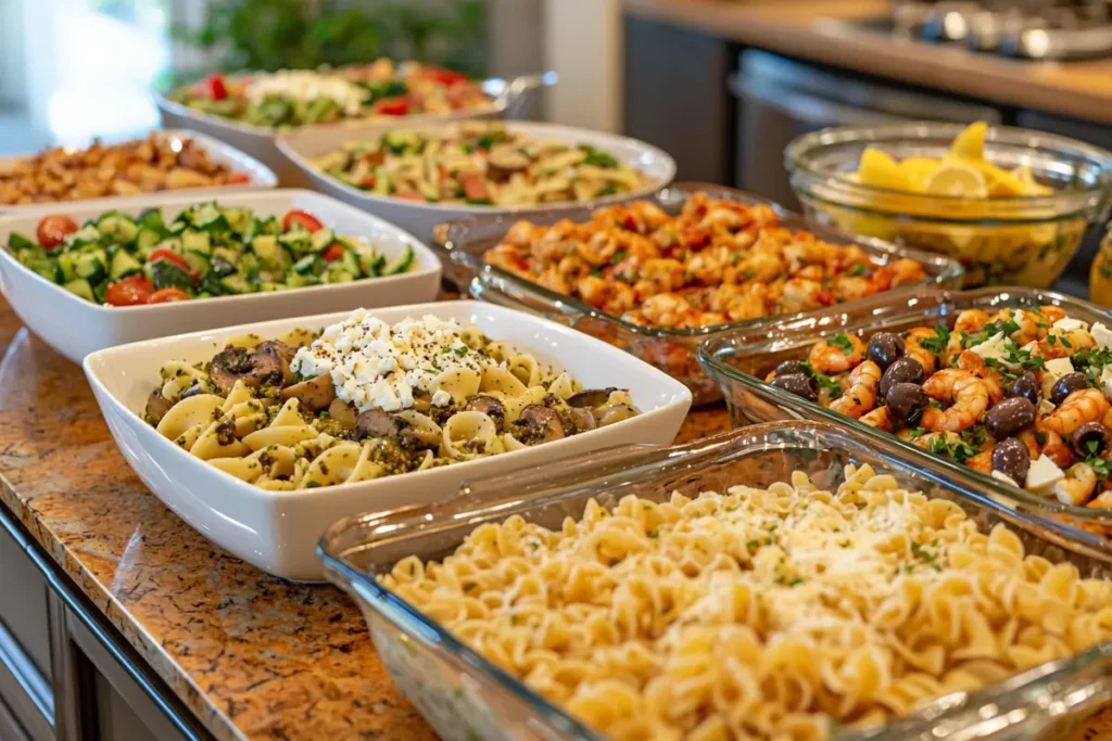 An assortment of corkscrew pasta dishes, including creamy mushroom pasta, pesto chicken pasta, Mediterranean pasta salad, baked ziti, and lemon shrimp pasta, beautifully presented on a wooden kitchen countertop.