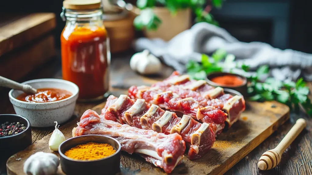 Ingredients for costillas recipe with raw ribs, garlic, spices, and BBQ sauce arranged on a wooden countertop.