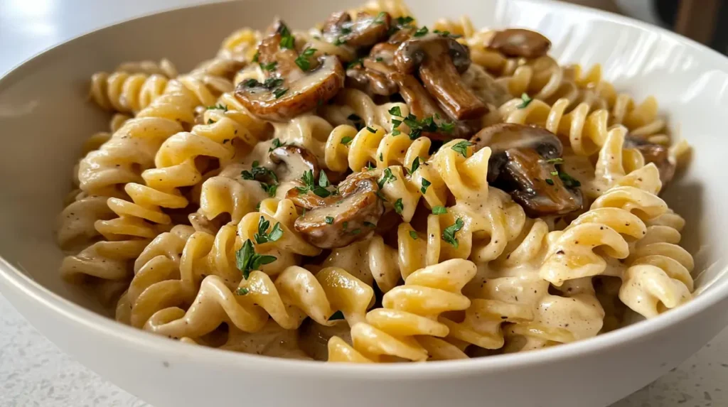 Creamy corkscrew pasta with sautéed mushrooms in a white bowl, topped with fresh herbs and served in a stylish kitchen setting.