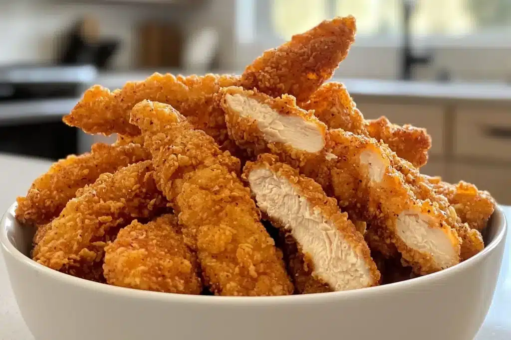 Crispy chicken fries served in a white bowl on a kitchen countertop