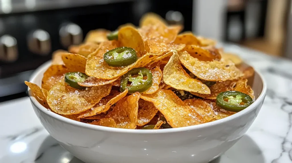 Golden crispy jalapeno chips served in a white ceramic bowl, sprinkled with sea salt.