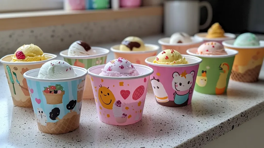 Decorated ice cream cups with stickers and drawings.