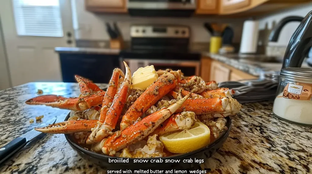 Close-up of variety of broiled snow crab legs, some with spices and herbs