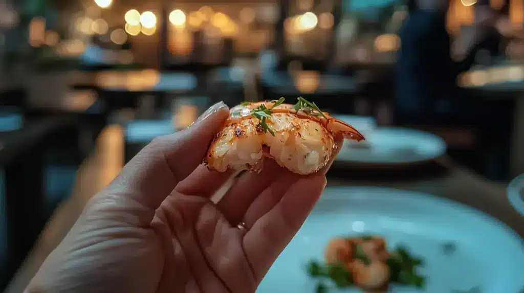 Close-up photo of snow crab leg being held.