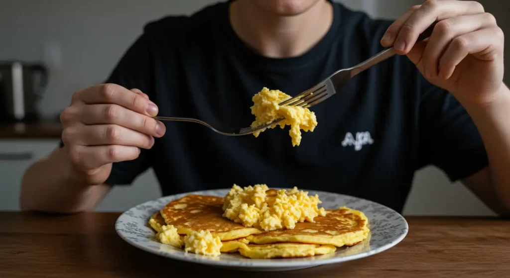 A person enjoying a plate of scrambled pancakes.