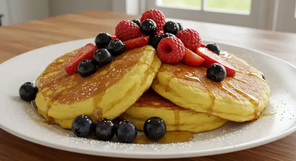  A delicious plate of scrambled pancakes with mixed berries and maple syrup.