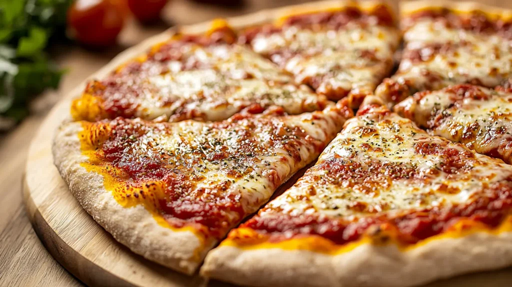 A delicious pizza sits on a wooden cutting board, sliced into even triangles.