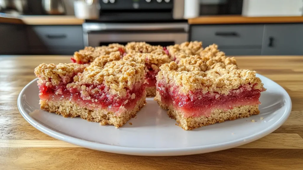 Strawberry bars with a golden crumb topping, neatly arranged on a plate