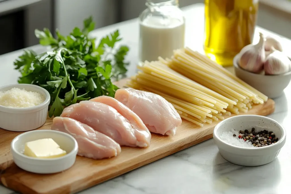 A beautiful spread of ingredients for Garlic Parmesan Chicken Pasta on a wooden cutting board, featuring uncooked pasta, raw chicken breast pieces, freshly grated parmesan cheese, garlic cloves, butter, olive oil, cream, and fresh parsley.