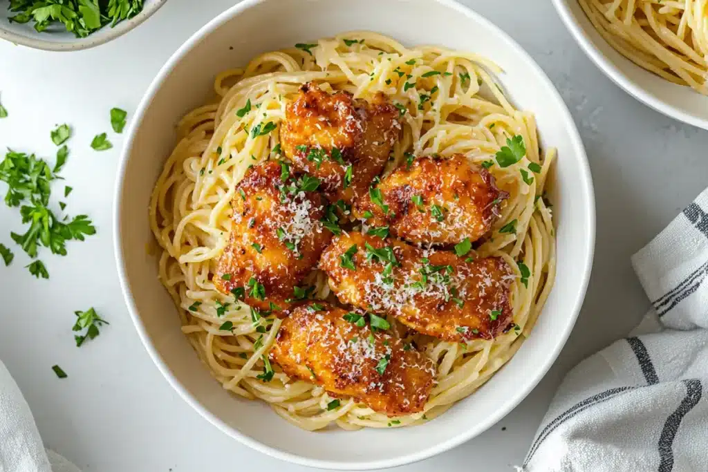 Creamy Garlic Parmesan Chicken Pasta served in a ceramic bowl with tender chicken pieces, golden garlic sauce, parmesan cheese, and fresh herbs in a modern kitchen setting.