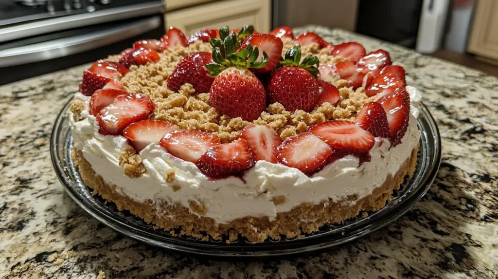  Exquisite strawberry crunch cheesecake with fresh strawberry garnish