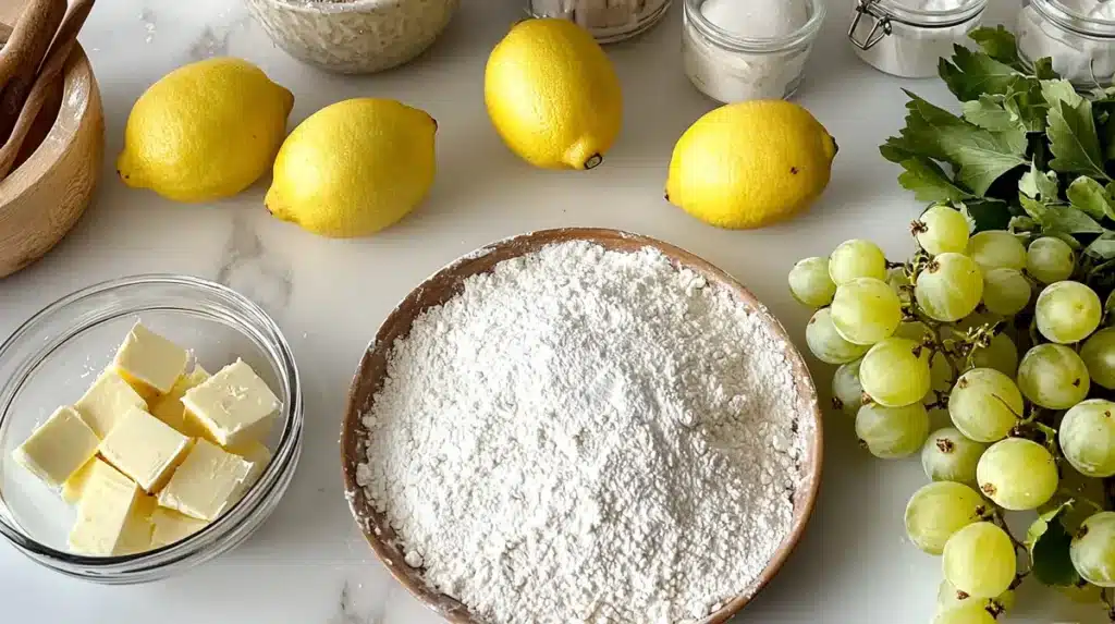  Ingredients for making a gooseberry pie, including gooseberries, flour, sugar, and spices.